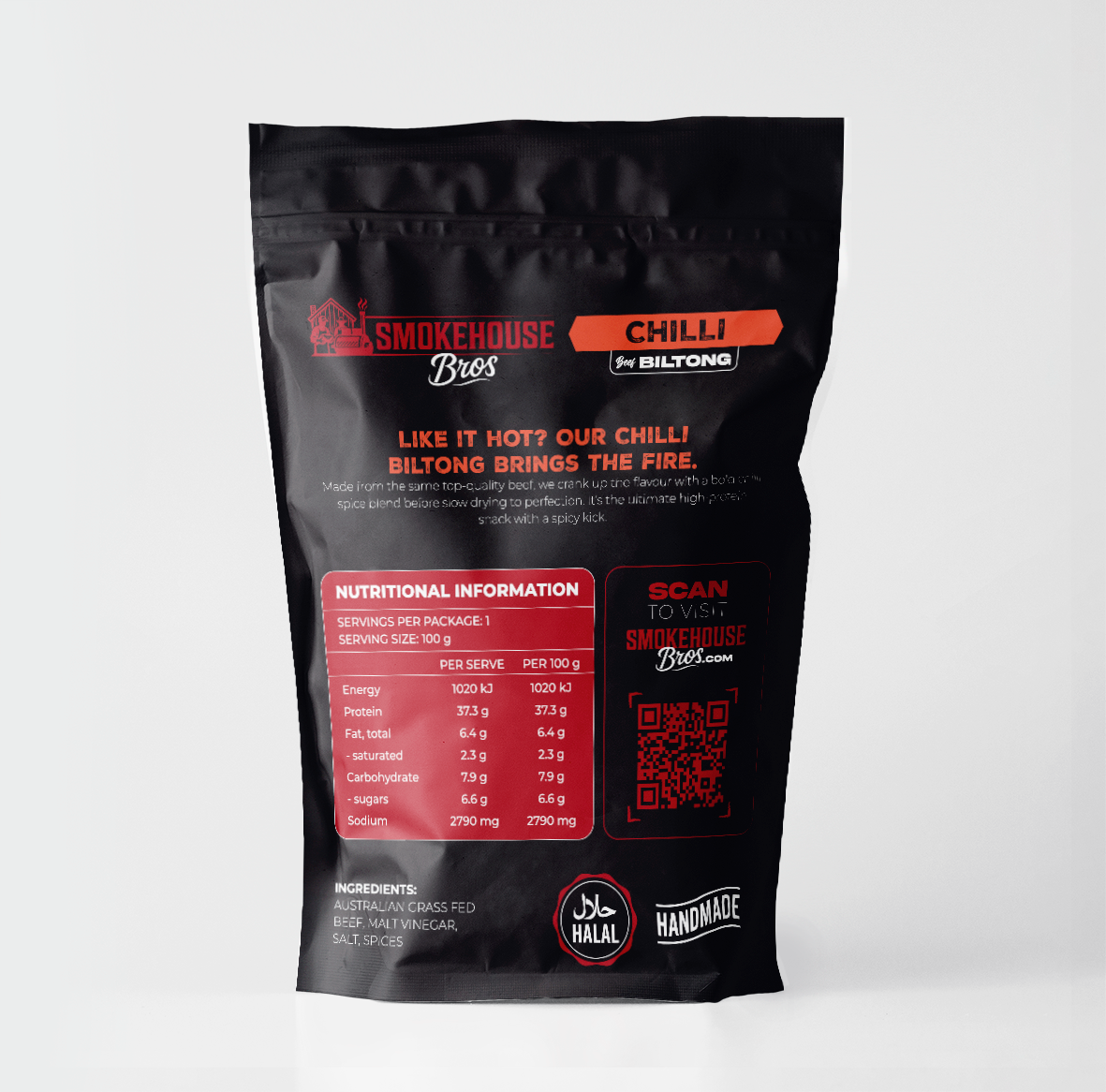 Smokehouse Bros Chilli Beef Biltong back packaging with nutritional information, halal certification, and ingredients list