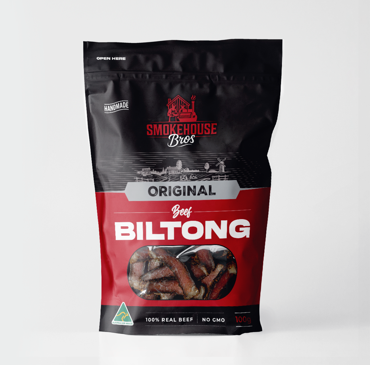 Smokehouse Bros Original Beef Biltong front packaging – halal certified, Australian grass-fed beef, high-protein savoury snack